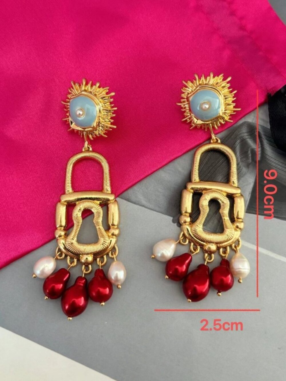 Gold-Tone Red Pearl Drop Lock Earrings